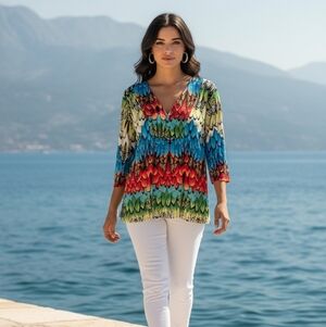 Colorful Feather Print Women's Top
